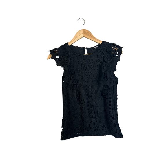 Express Tops - Express Black Crochet Lace Ruffle Blouse Side Zipper Pullover Size XS
